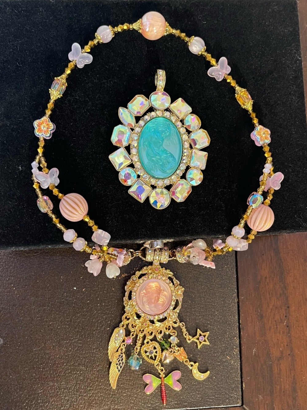 Gold Pink Beaded Statement Necklace with Two Replaceable Pendants